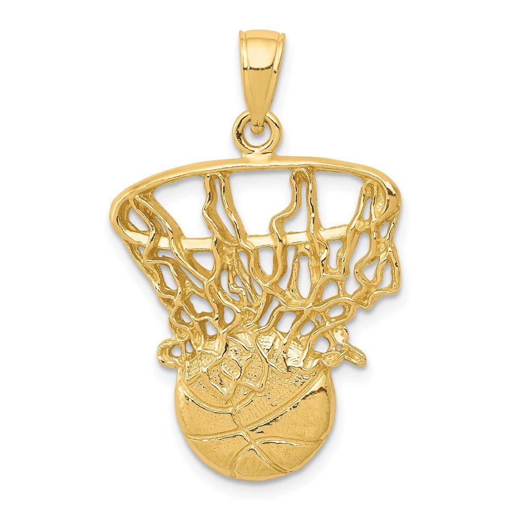 14k Yellow Gold Genuine Sports Swoosh Basketball and Net Necklace Charm Pendant